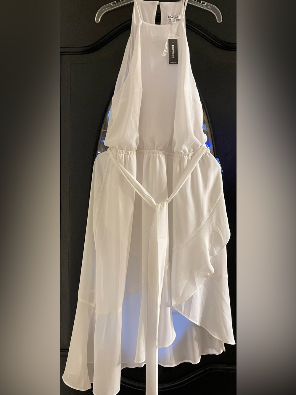 Express White Asymmetric Ruffle High-Low Dress with Tie